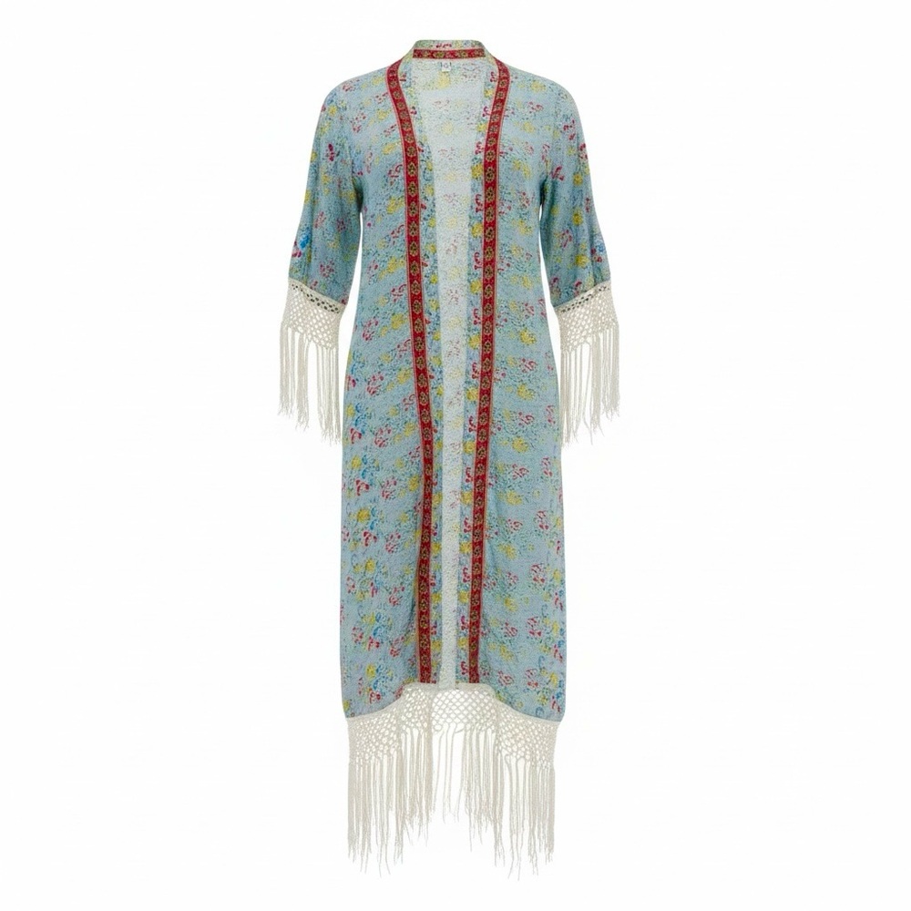 Floral Fringe Kimono Cover Up Boho Lightweight Duster | Vacation Beach Cover Up